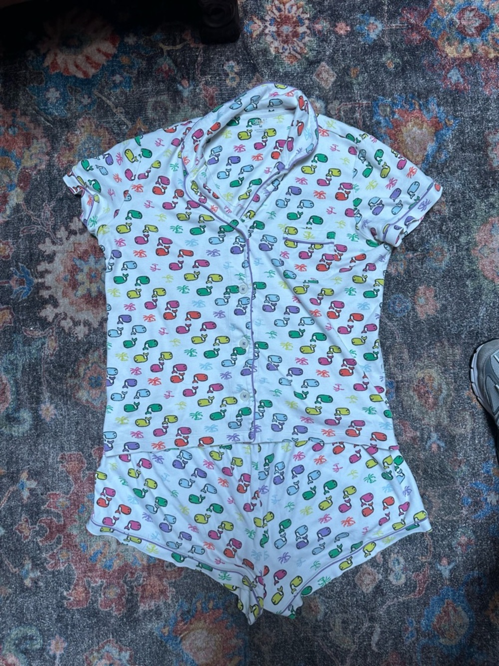 Roller Rabbit White Short-Sleeve Button Pajama Set with Multicolor Print